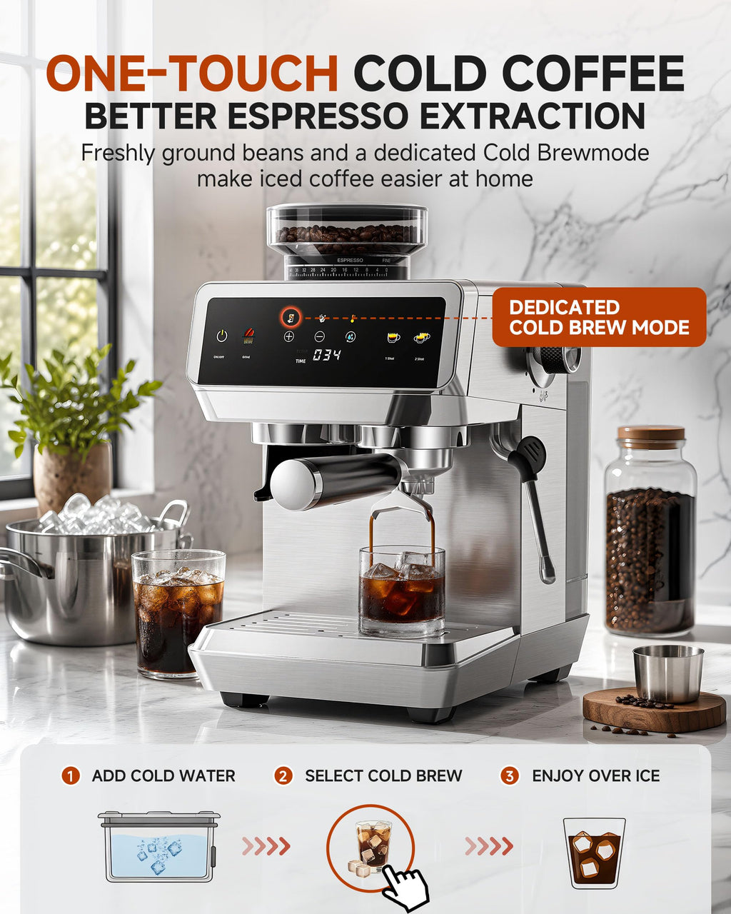 Espresso Machine With Grinder, Temp Control, 44 Grind Settings