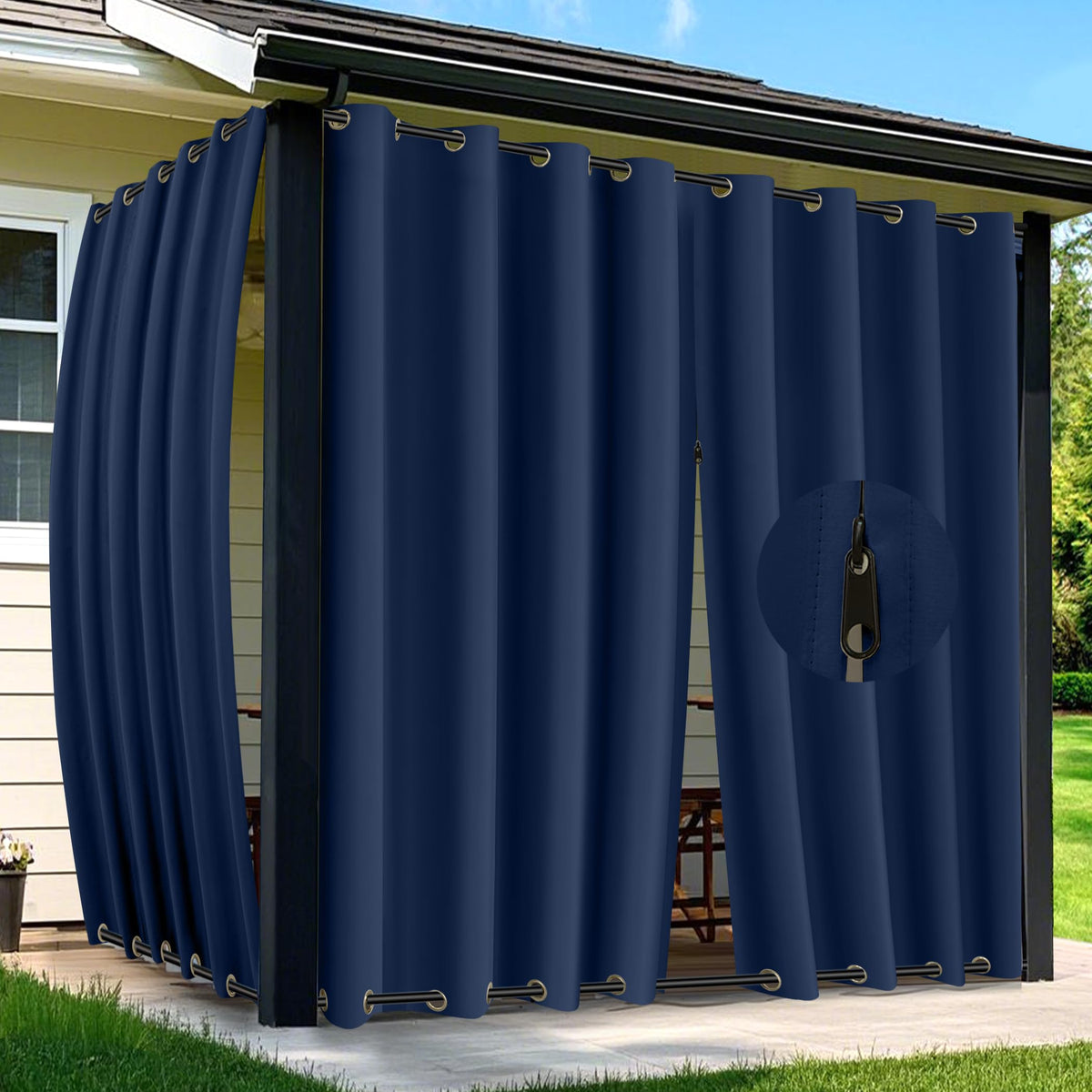 Curtains Waterproof 2 Panels Blackout Extra Wide Curtains with Zipper Top & Bottom Grommet Sun Blocking Outdoor