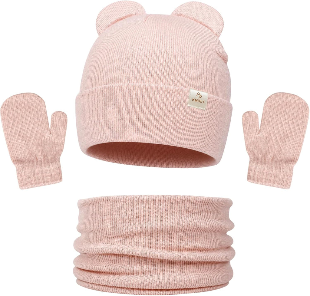 Baby Toddler Winter Beanie Hat Mittens and Neck Warmer with Bear Ear Set