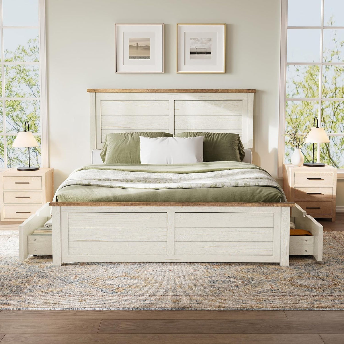 Queen Farmhouse Bed Frame with Headboard, Platform Bed with 4 Storage Drawers, Wood Bed Frame for Bedroom, Wood Slats