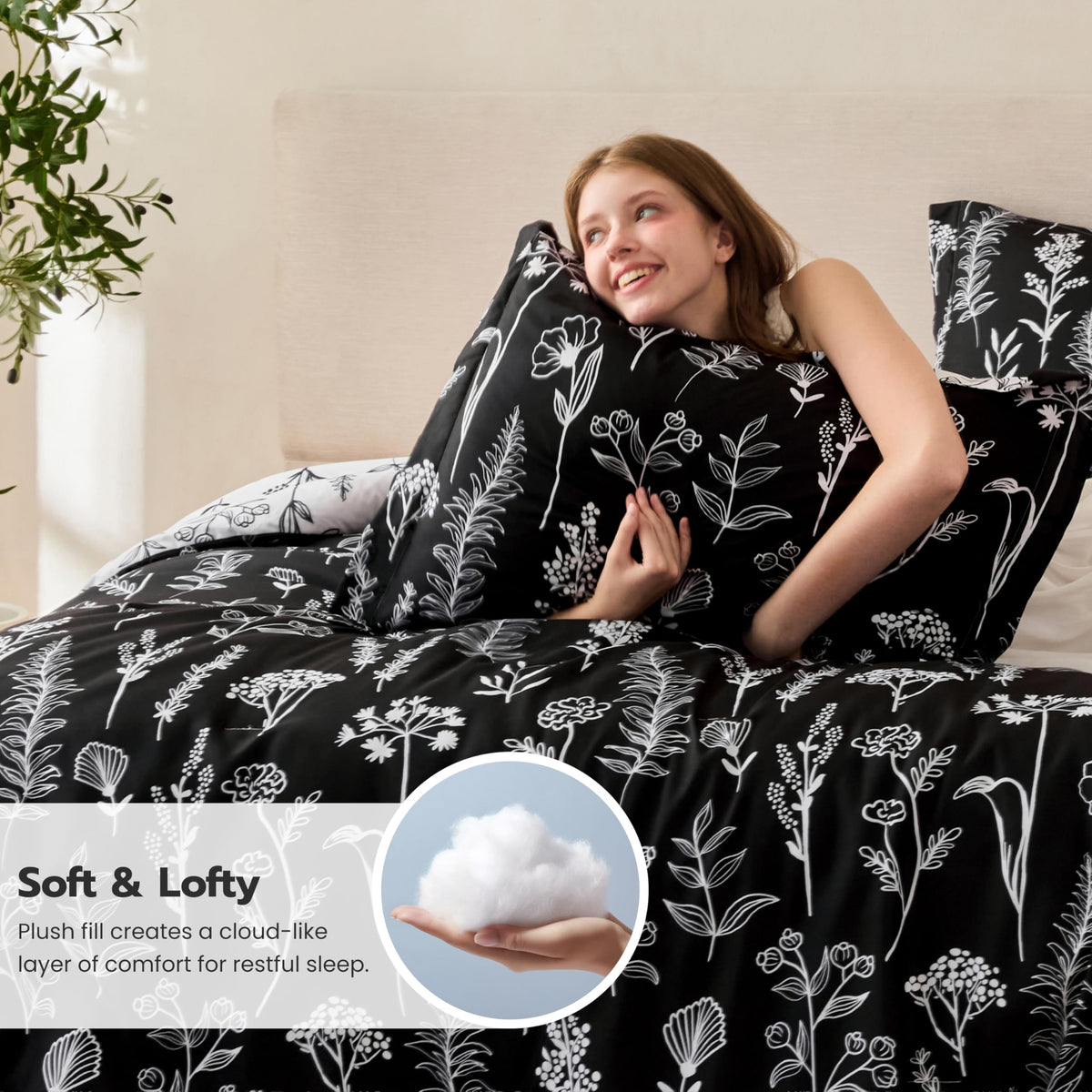 Floral Comforter Set Black Bedding Set - 3 Pieces Bed in a Bag with 1 Soft Reversible