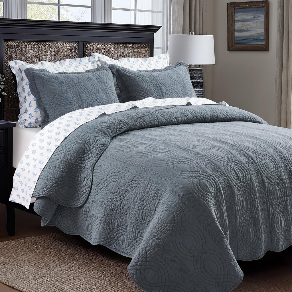 100% Cotton Scallop Quilt Set, Stormy Blue