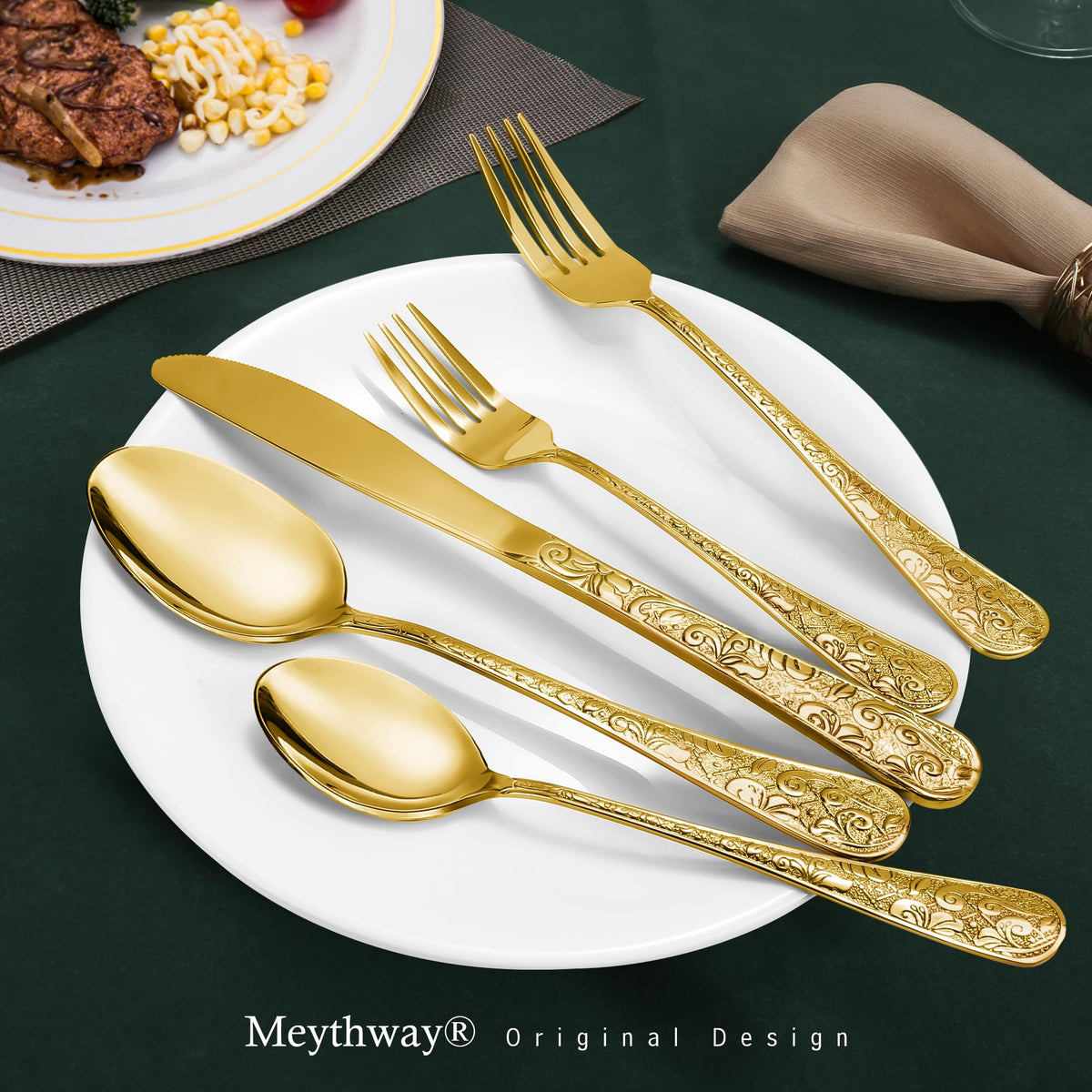 40-Piece Vintage Carved Gold Silverware Set for 8, Stainless Steel Flatware Set with Knife/Fork/Spoon, Cutlery Set