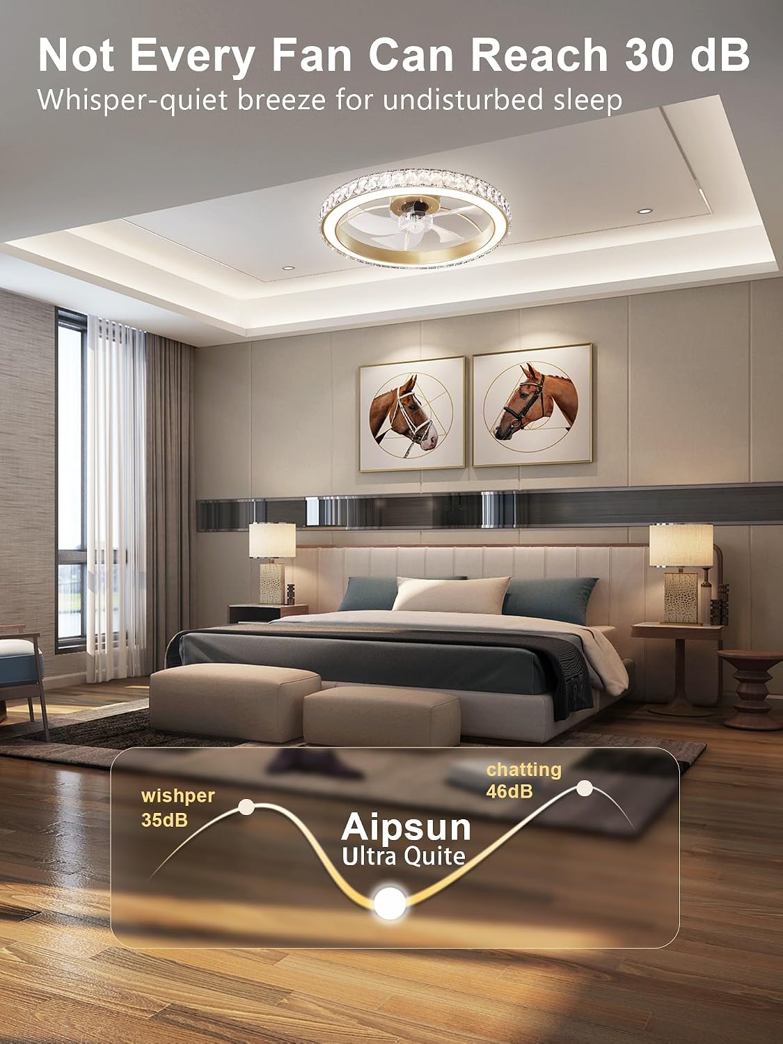 Low Profile Modern Crystal Chandelier Ceiling Fans with Lights and Remote, 3000K-6500K Smart Bladeless LED Fan Light