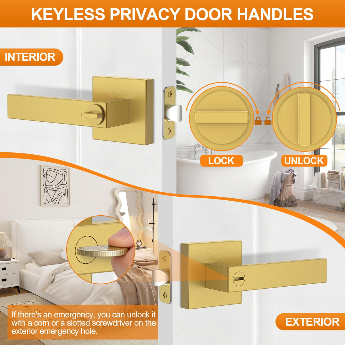 5 Pack Brushed Gold Door Handles, Interior Door Knob Heavy Duty, Flat Square Privacy Door Locks, Keyless Door Leverset
