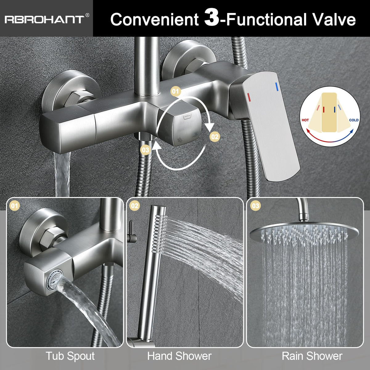 Exposed Shower System with Tub Spout, Brushed Nickel Exposed Pipe Shower Faucet with 3 Functions Brass Shower Valve