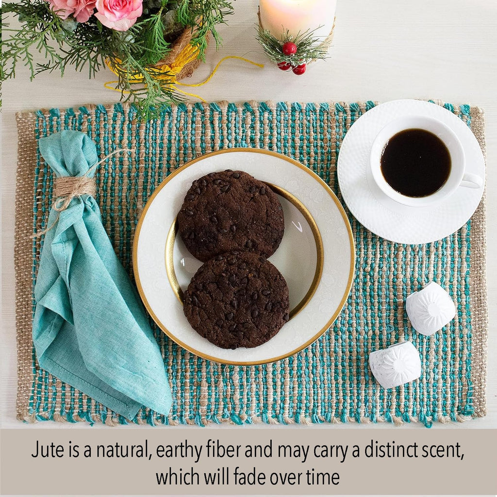Natural Jute & Aqua Turquoise Placemats, Set of 4 - Rustic Handmade Boho Table Mats, 13x19 in Dining Table Placemats