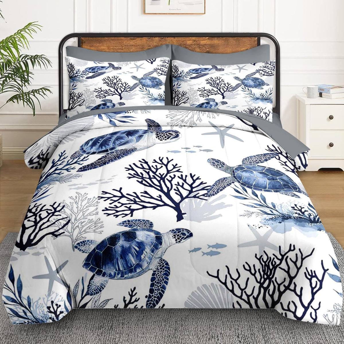 Queen Comforter Set with Sheets, 7 Pieces Turtle Sea Bedding