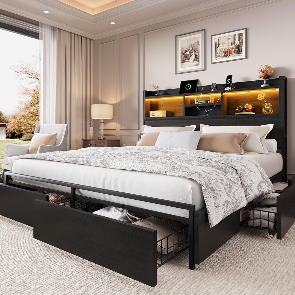 California King Size Bed Frame with 6 Storage Drawers and Headboard Wooden Platform Bed Frame with LED Lights and