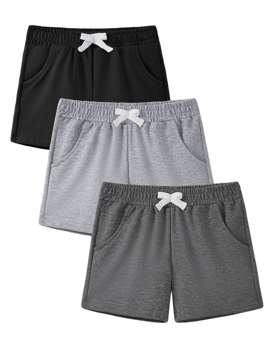 3 Pack Toddler Boys Shorts French Terry Pull-on Knit Short with Pocket Black+Light Gray+Dark Gray