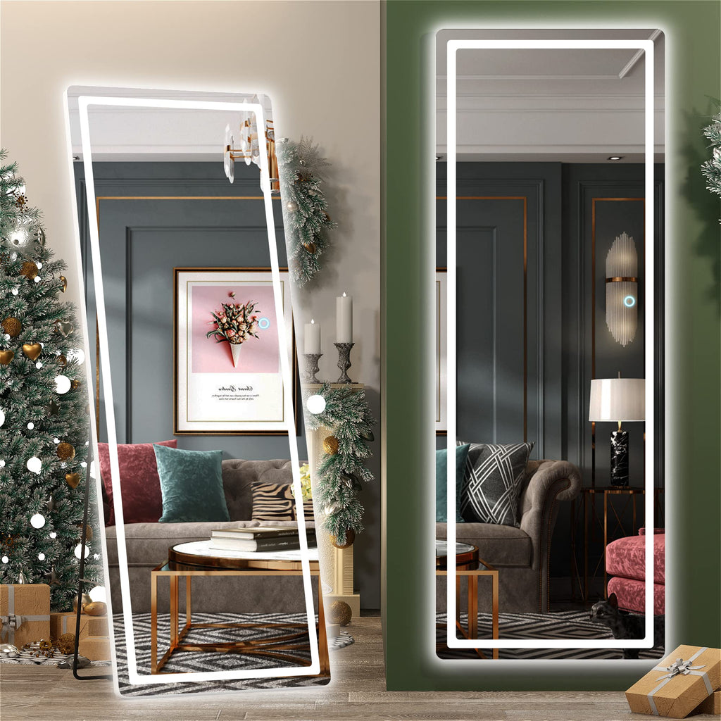 Full Length Mirror with Lights, 65" x 22" LED Floor, Full Body Dressing Standing, Hanging Mounted Mirror, Round White