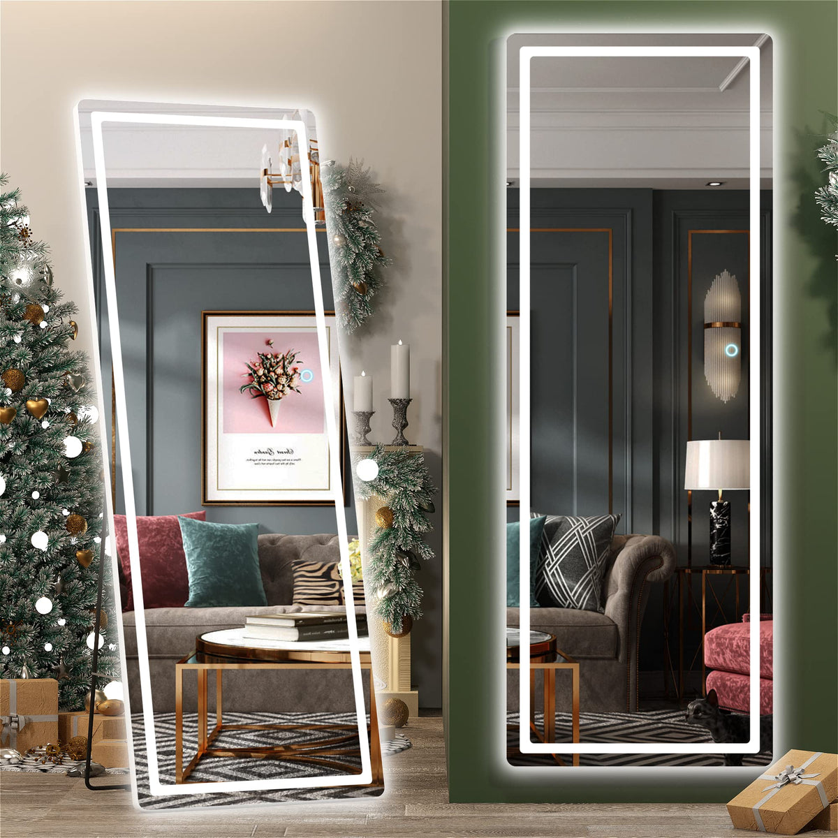 Full Length Mirror with Lights, 65" x 22" LED Floor, Full Body Dressing Standing, Hanging Mounted Mirror, Round White