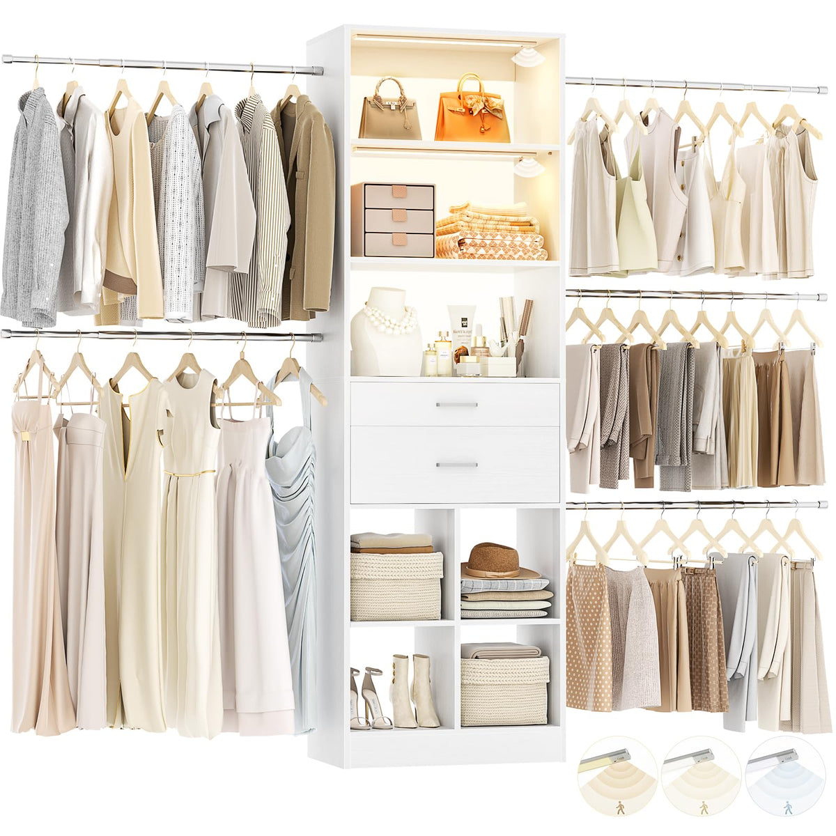 Closet System, Closet Organizer System with Smart Sensor Lights, Enclosed storage volume: 2.58 ft3, White