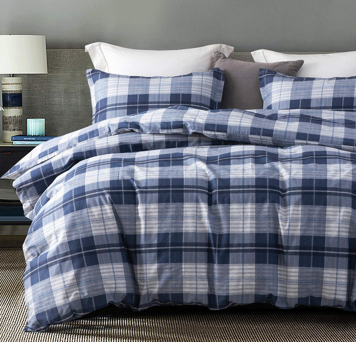 Comforter, 600 Thread Count Cotton Navy Blue & Grey Buffalo Pattern Blue Plaid Comforter Sets, Down