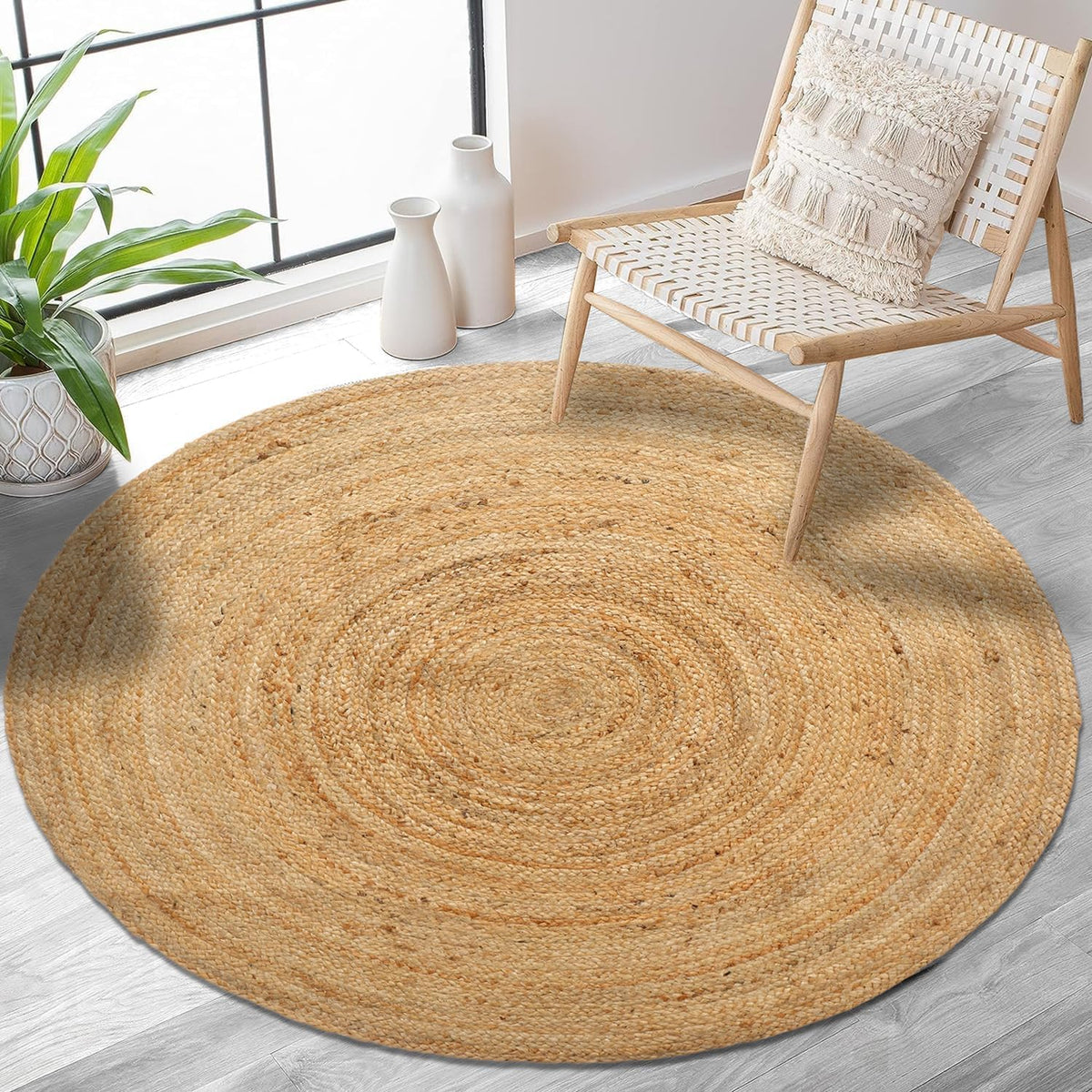 Hand Woven Jute Area Rug - Circle Boho Round Jute Rug 5 Foot | 5' Round - Rustic Beige Reversible Farmhouse Rugs