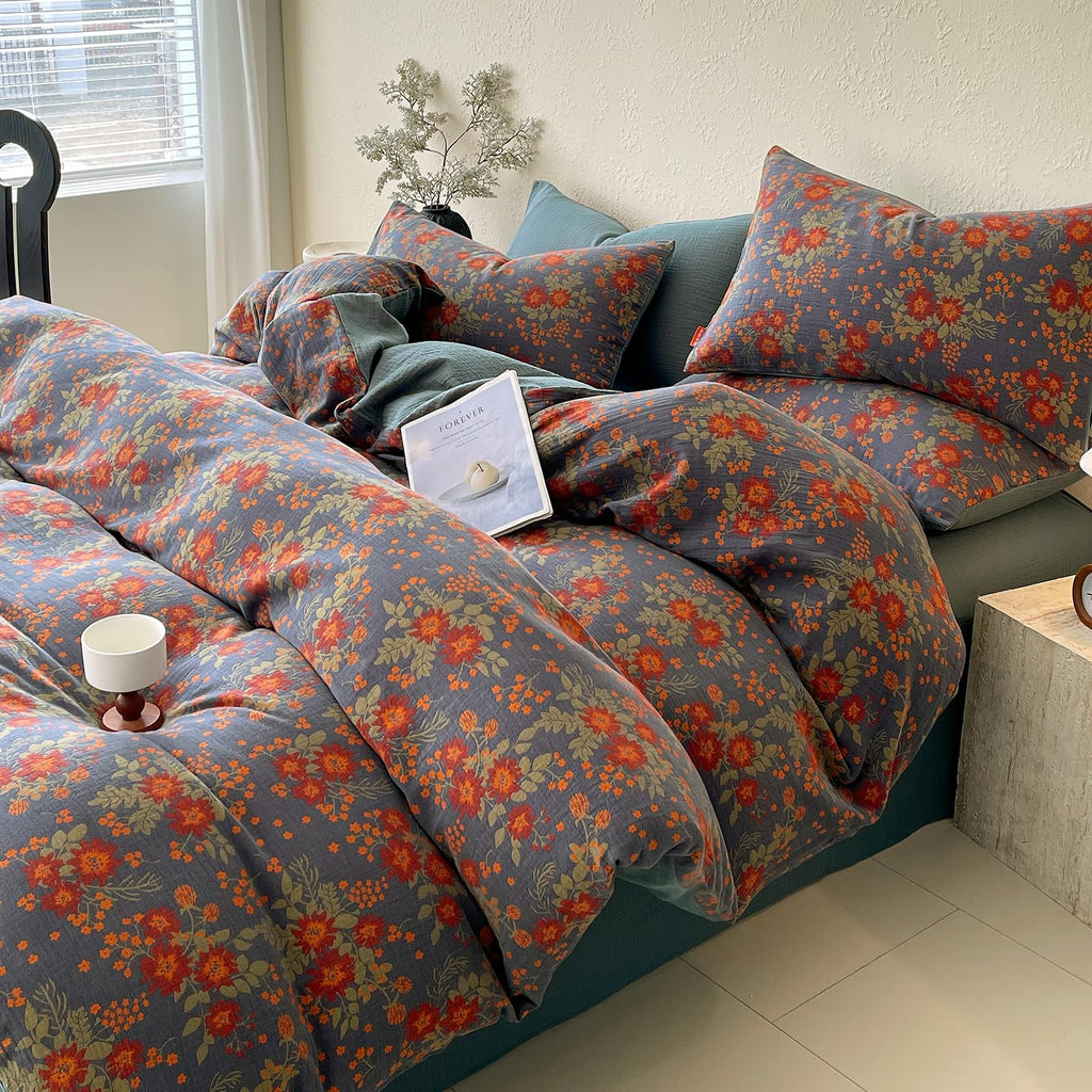 Vintage Garden Floral Duvet Cover Queen Soft 100% Muslin Cotton Jacquard Texture Bedding Set Chic Vibrant Floral