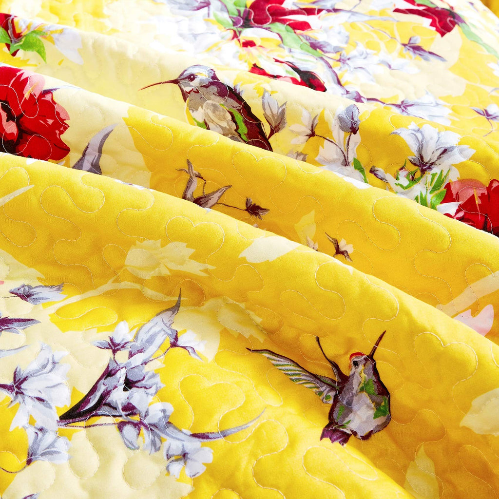 Bedding Radiant Sunshine Yellow Floral Bedspread Set - Hummingbirds Farmhouse Red Flowers Garden Quilted Coverlet