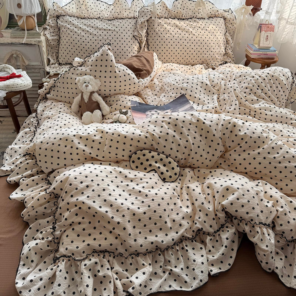 Chic Black Polka Dot Ruffled Beige Duvet Cover