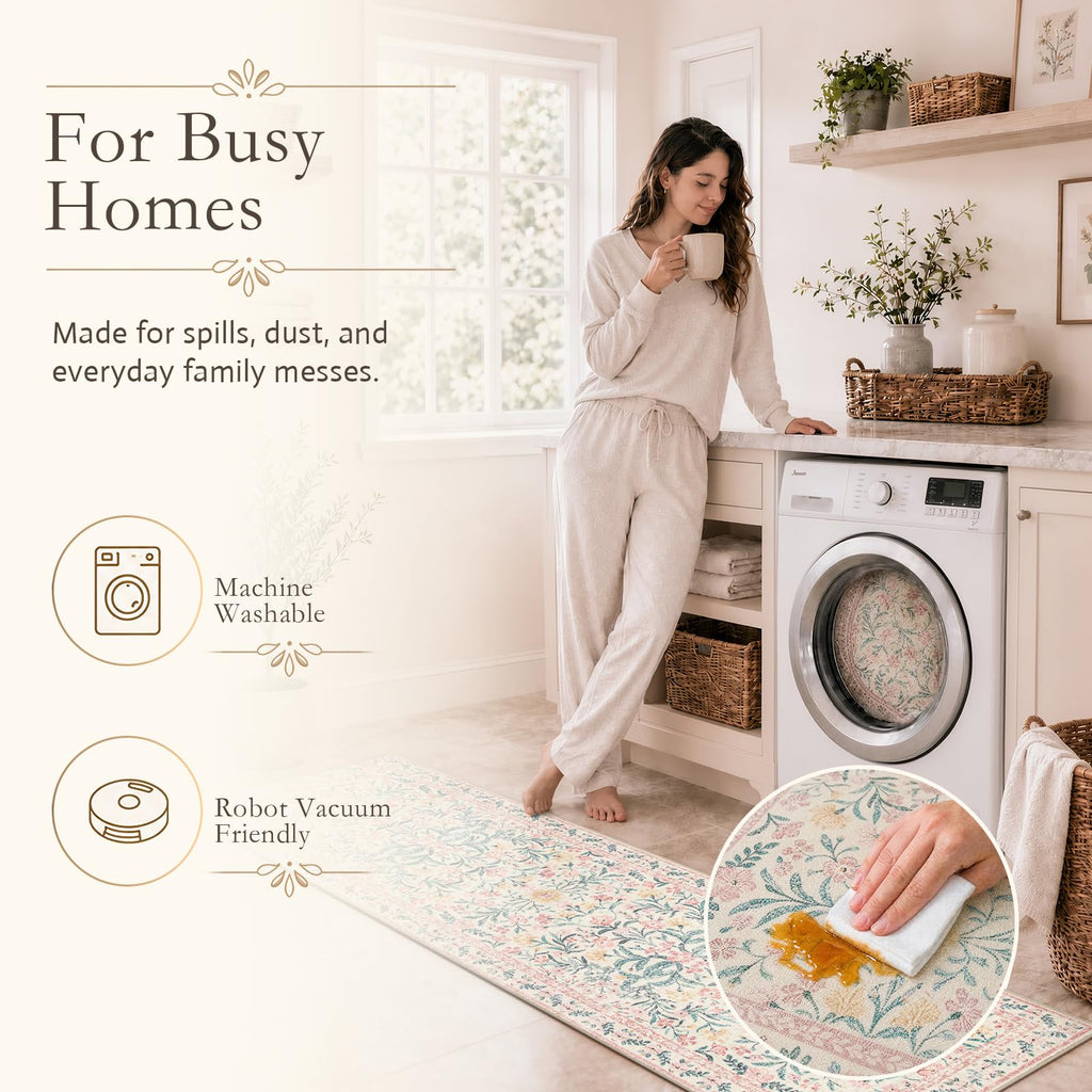 Floral Washable Runner Rug, 2'6"x8' Runners s Pink Rugs Bedroom, Boho Non Slip Soft 8ft Long Carpet Bathroom Laundry