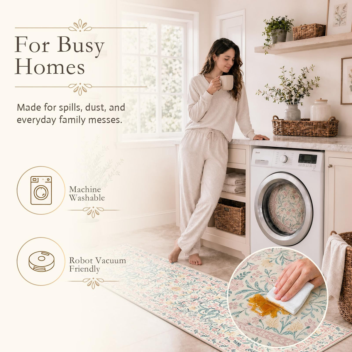 Floral Washable Runner Rug, 2'6"x8' Runners s Pink Rugs Bedroom, Boho Non Slip Soft 8ft Long Carpet Bathroom Laundry