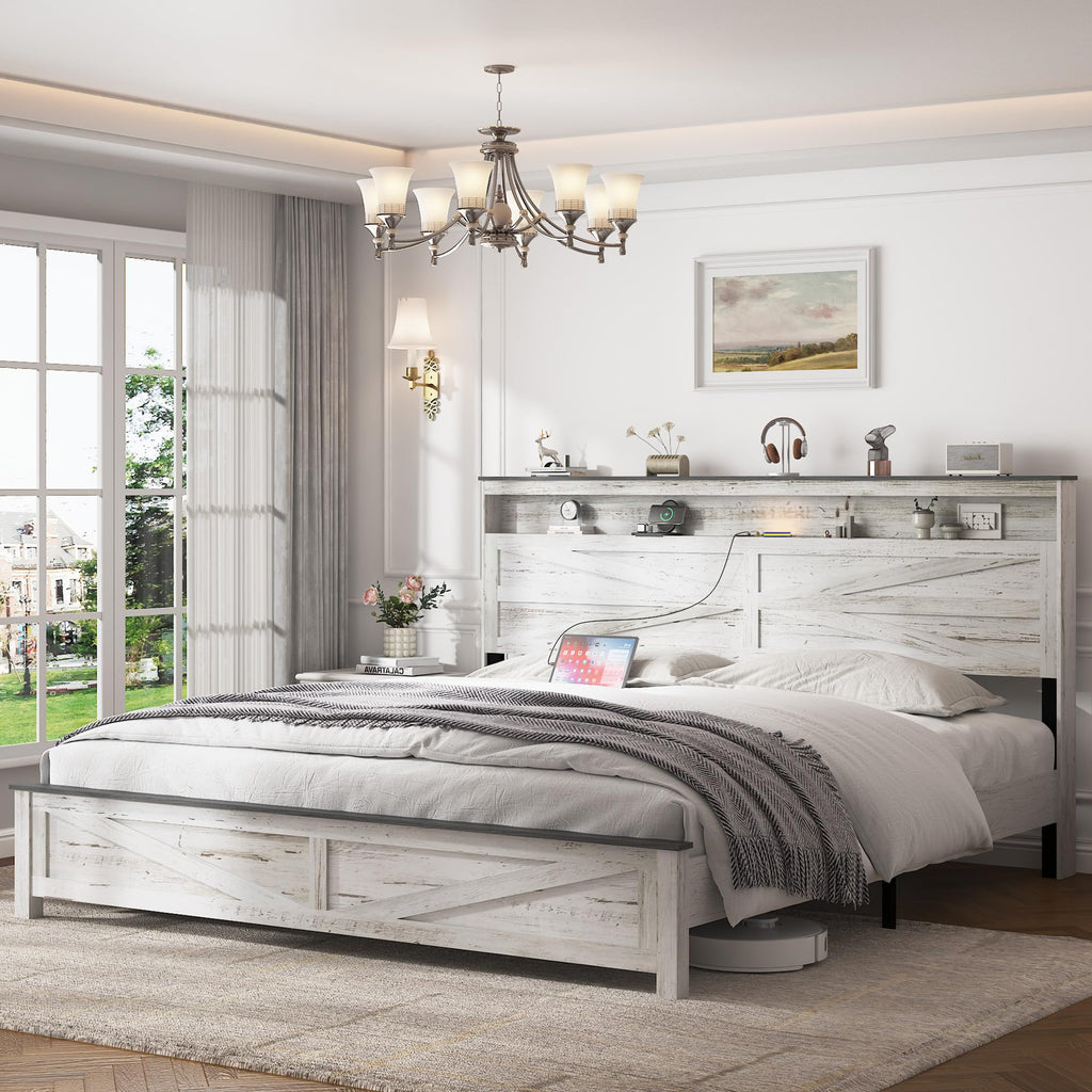 Farmhouse Wooden Bed Frame with Storage Headboard