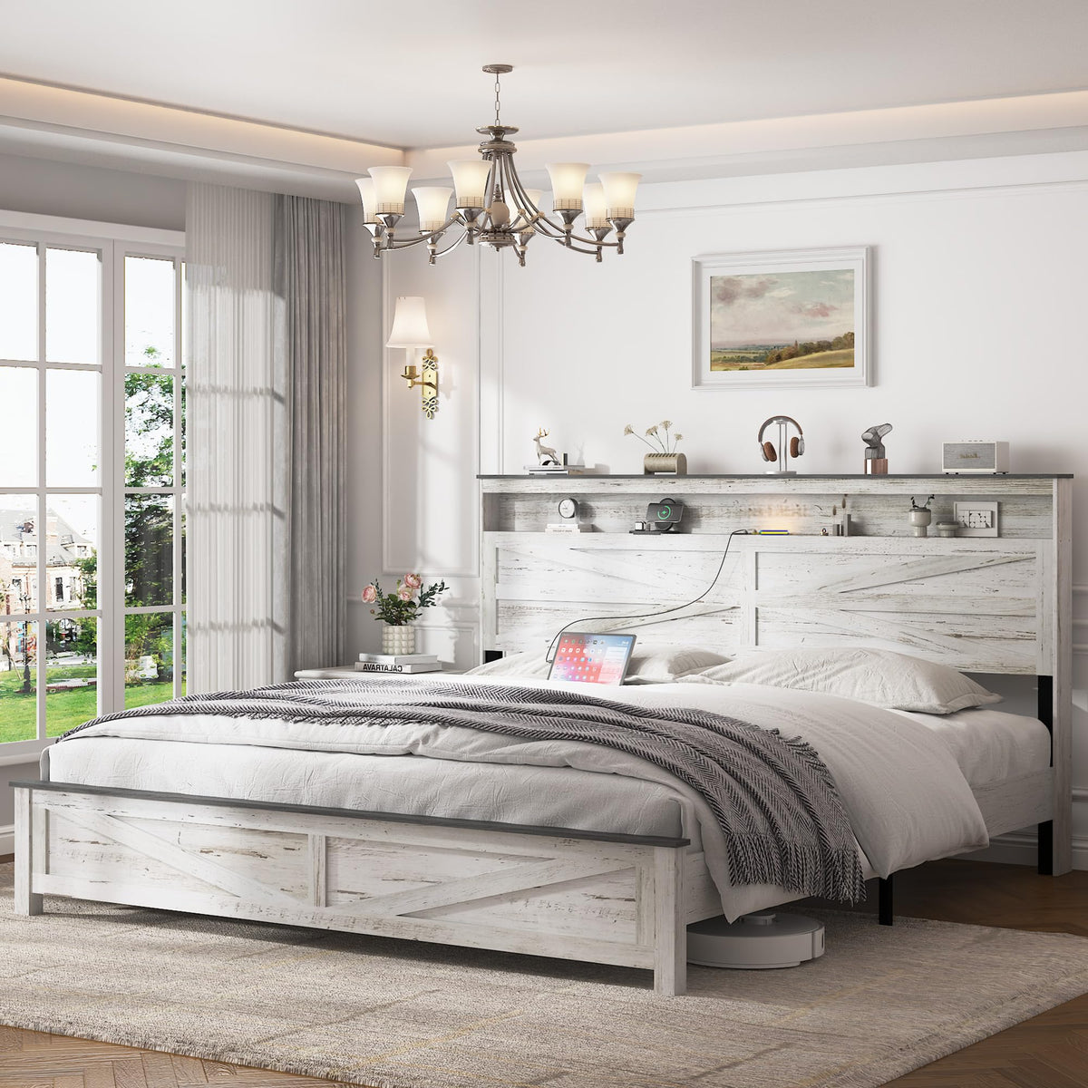 Farmhouse Wooden Bed Frame with Storage Headboard
