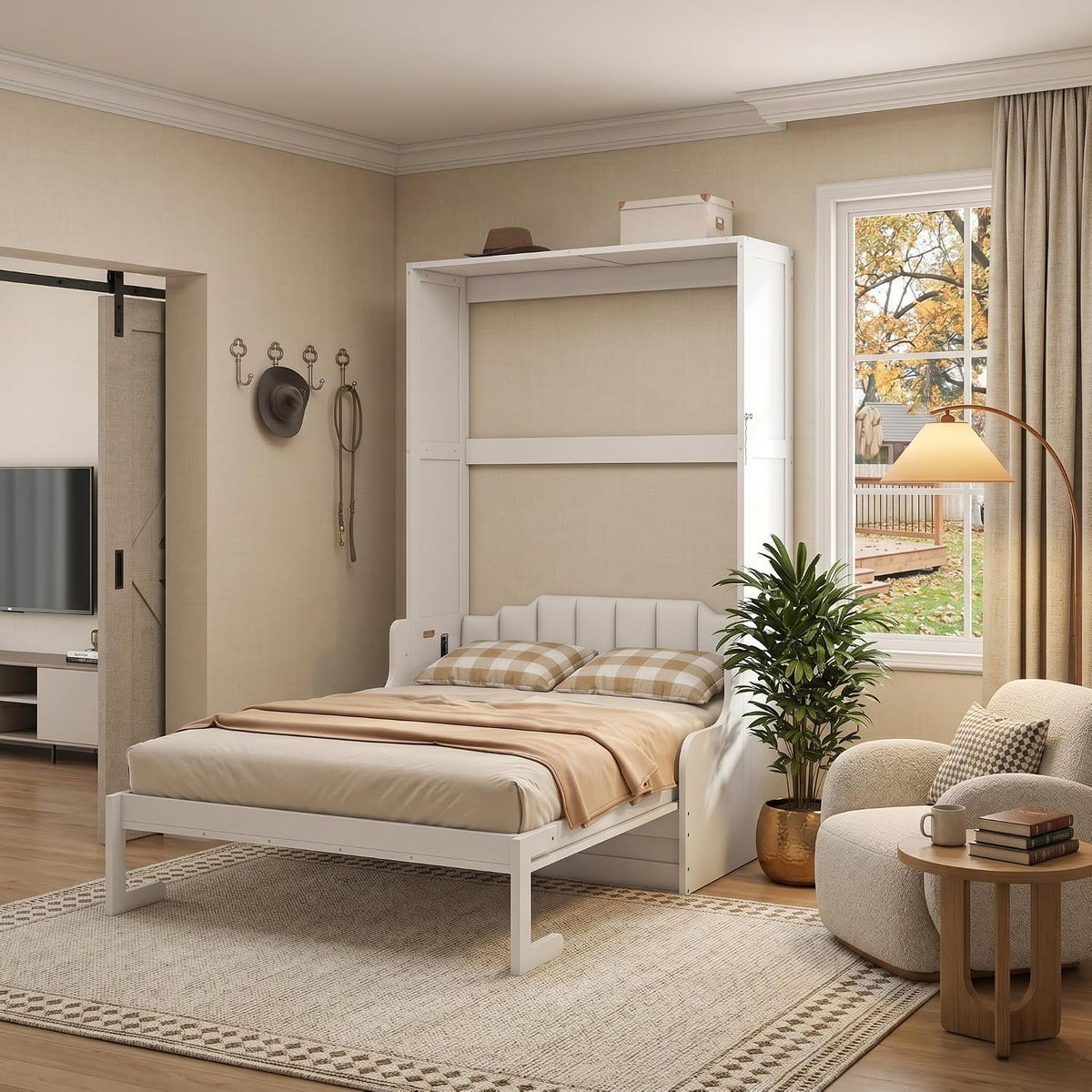 Queen Murphy Bed, Wooden Queen Murphy Bed Wall Bed with Sofa and Cushion, for Home Office or Small Room, White