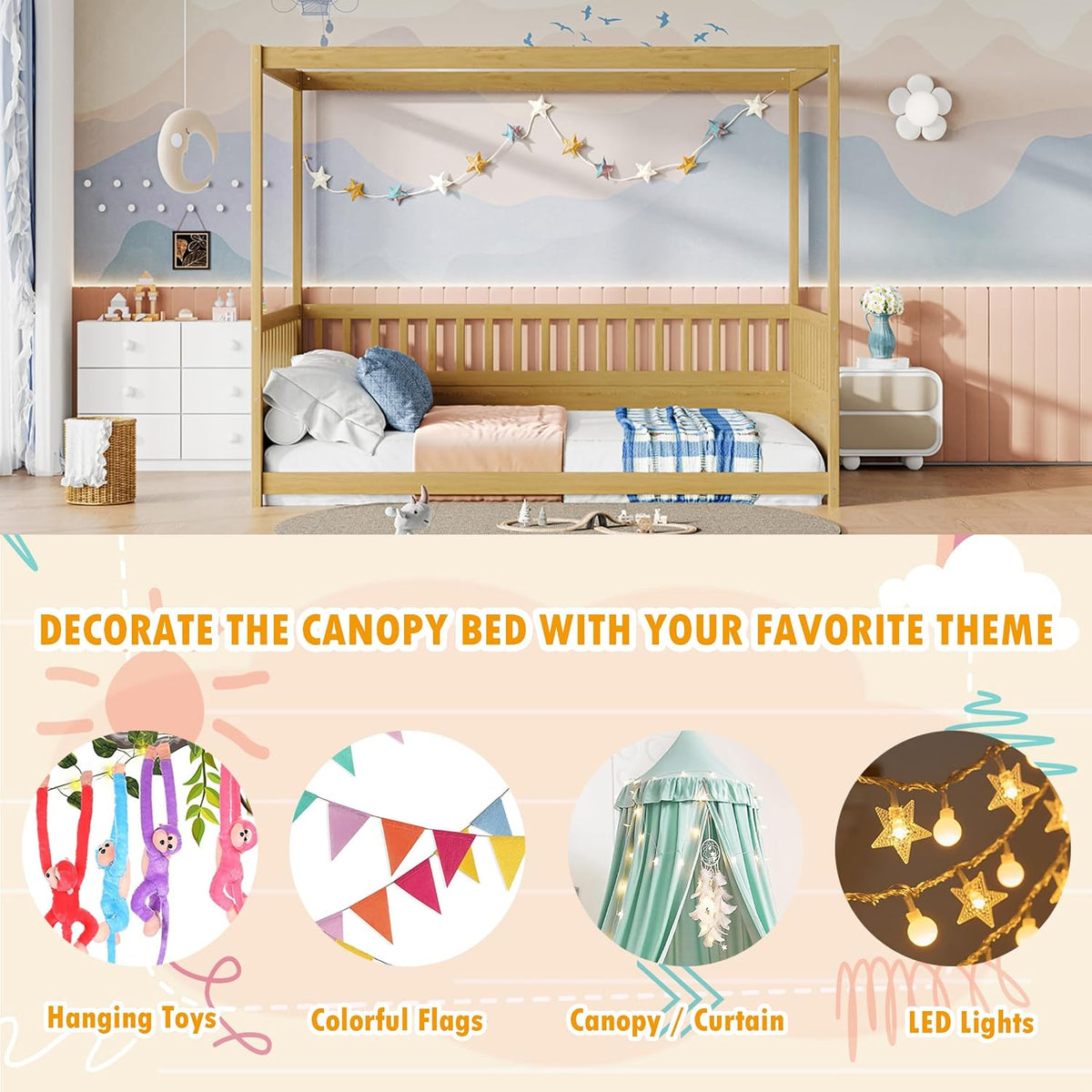 Canopy Bed Frame with 4 Posters and Guardrails, Montessori Floor Bed with High Fence, Natural