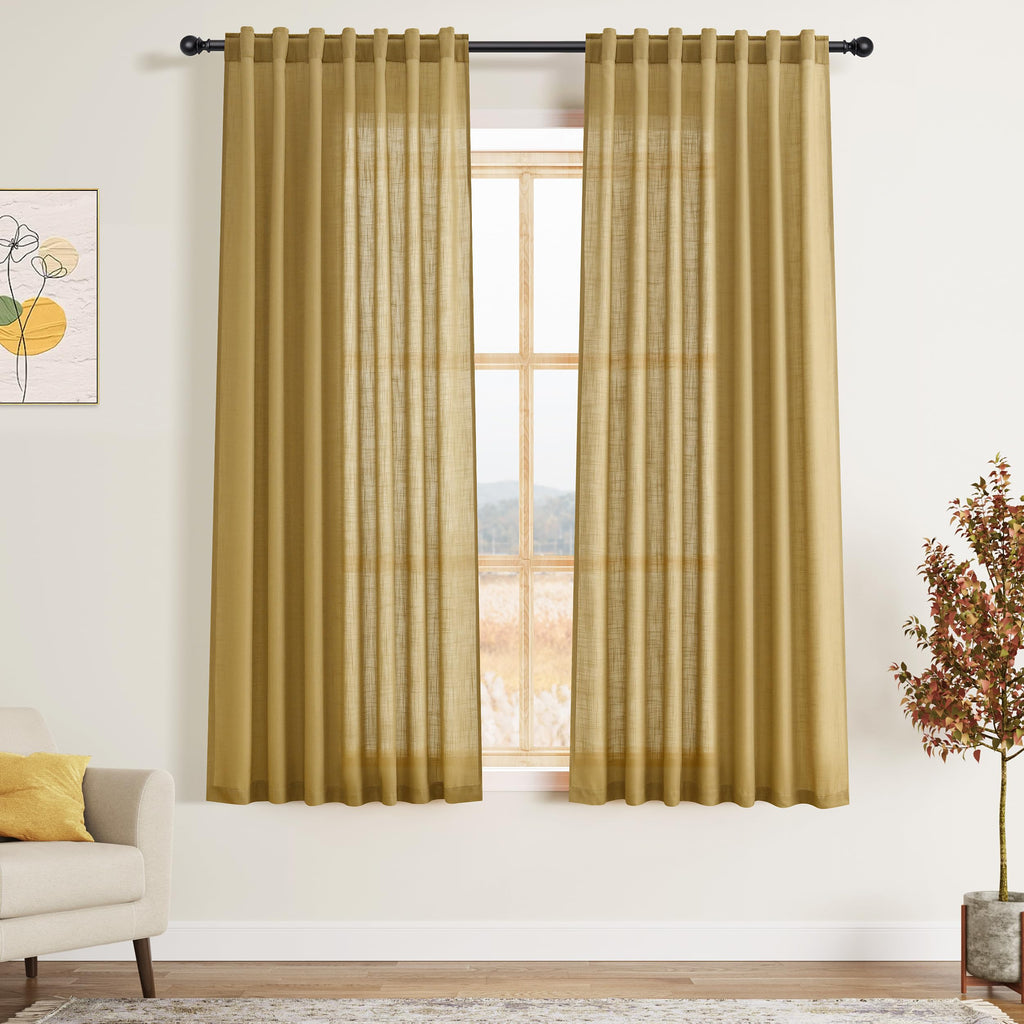 Gold Linen Curtains 63 Inches Long 2 Panel Sets Bedroom Rod Pocket Back Tab Light Filtering Drape Window Short