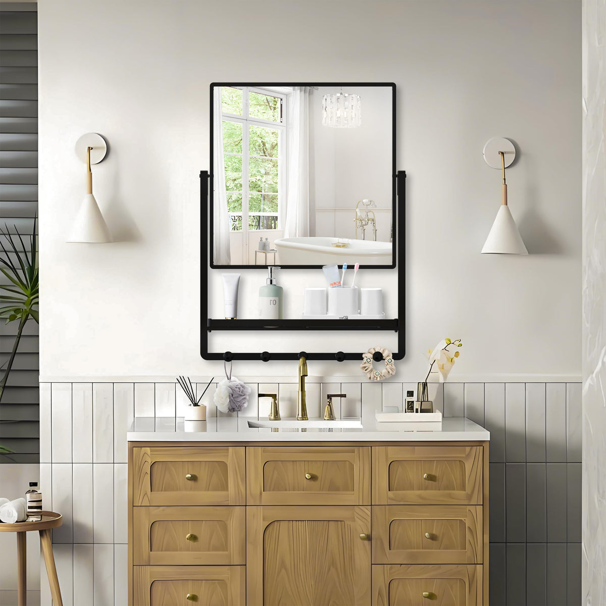 Wall Mirror with Shelf and Hooks 29.5" x 21.7" Bathroom Mirror