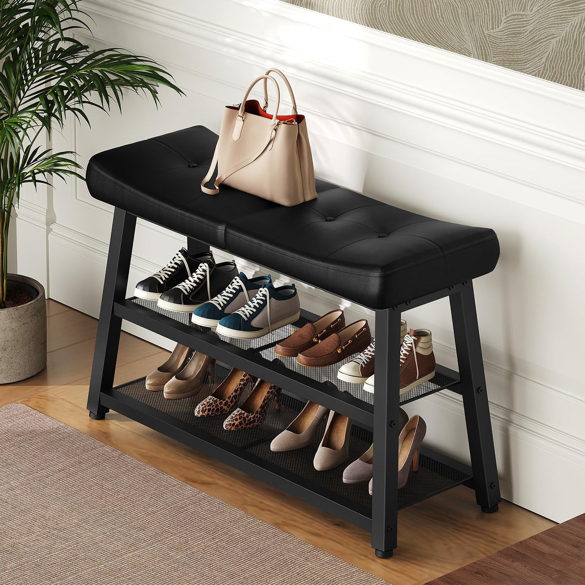 Shoe Bench, 3-Tier Shoe Rack, Entryway Bench with Storage and Cushion, Foyer, Bedroom, Black HX02BB