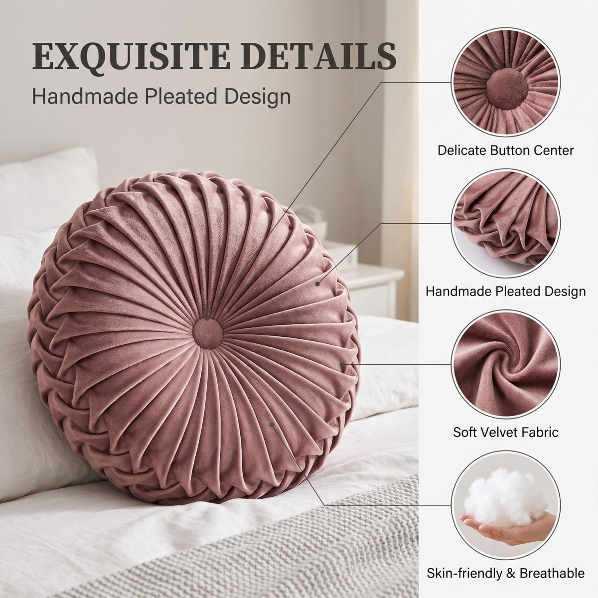 Round Velvet Pillow for Couch Small Handmade Decorative Throw Pillow for Bed Bedroom 13.7" Light Brown