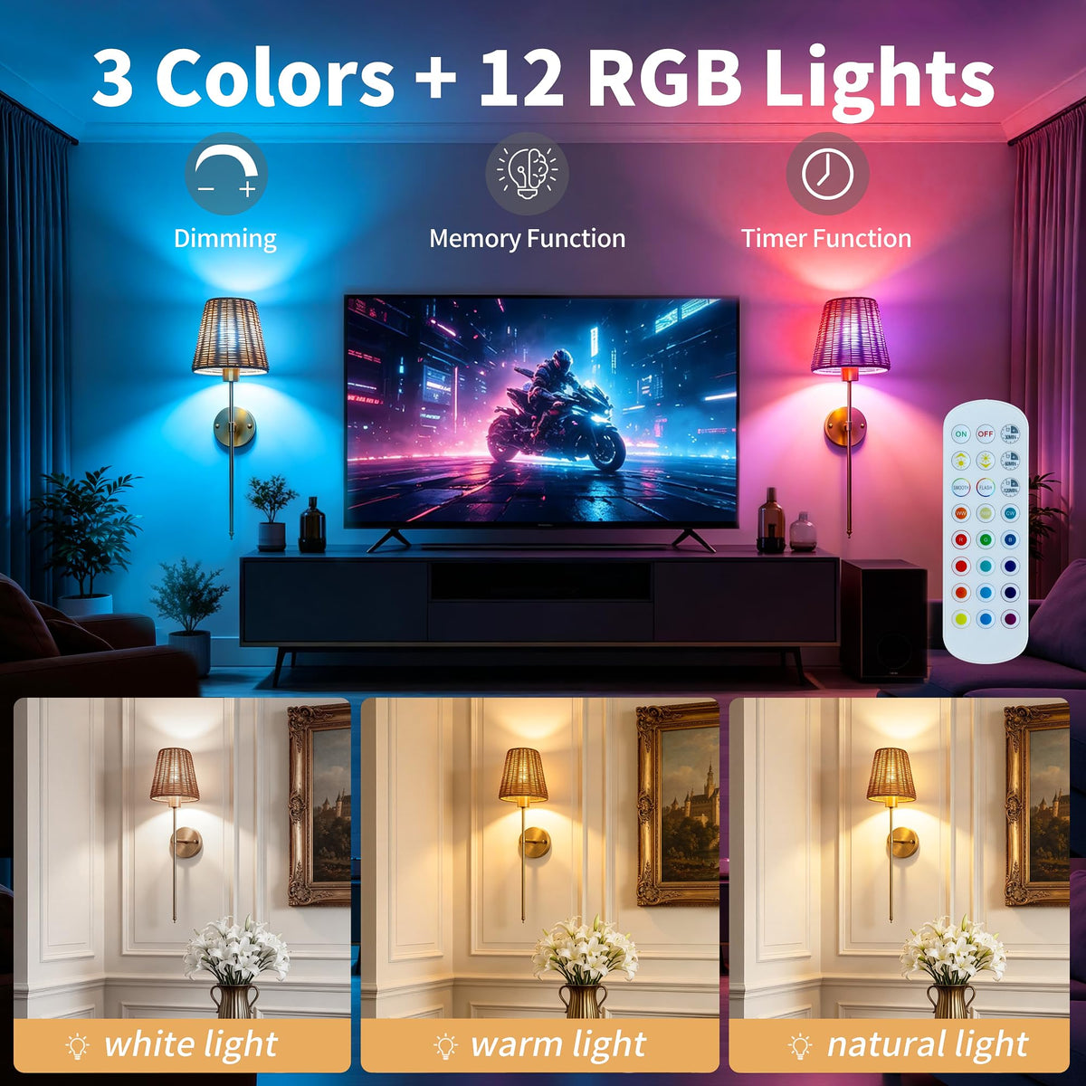 Battery Operated Wall Sconces Set of 2 with Rattan Shade, Rechargeable Wireless Wall Light with RGB Dimmable Magnetic