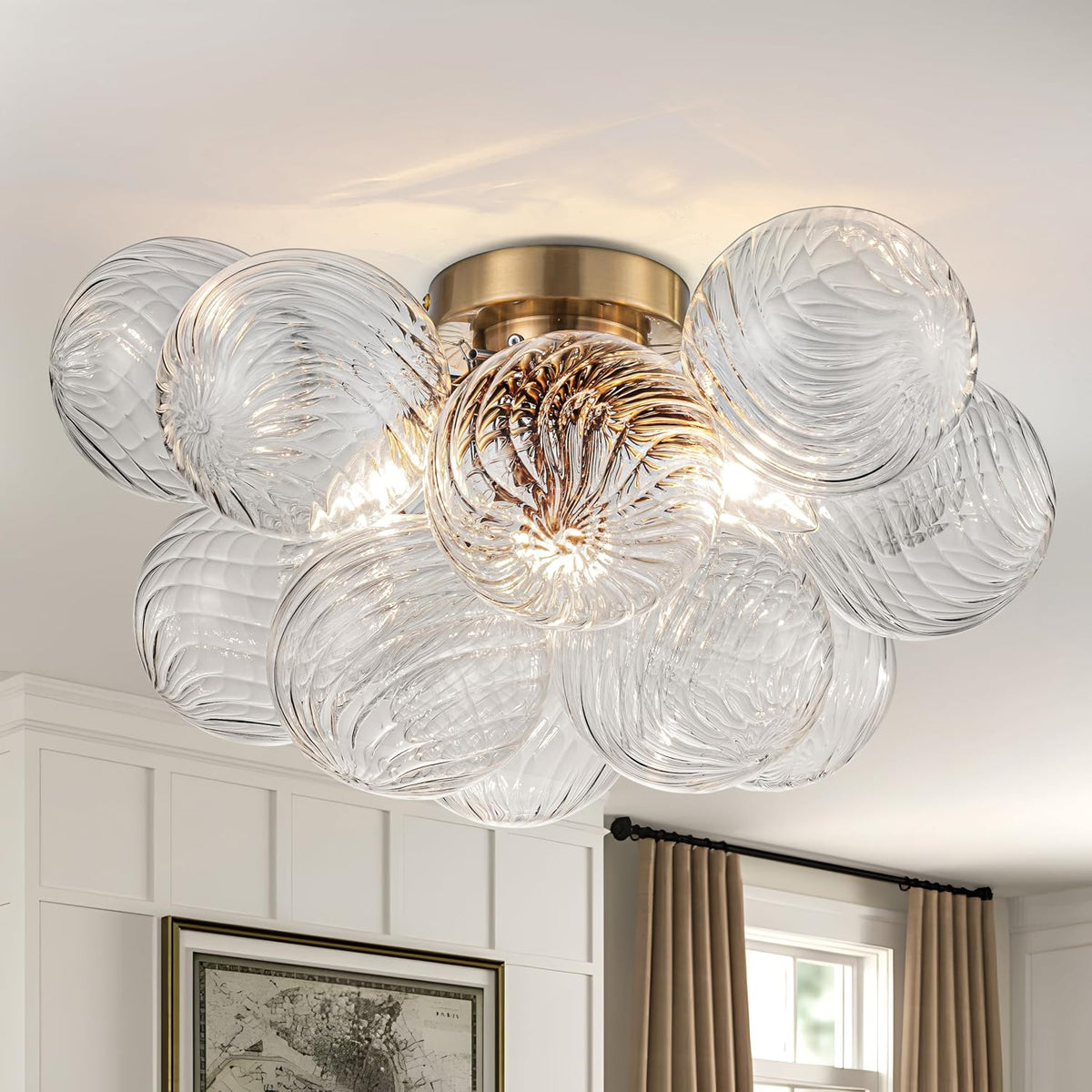 Gold Semi-Flush Chandelier, Modern Low-Profile Light Fixture for Bedrooms