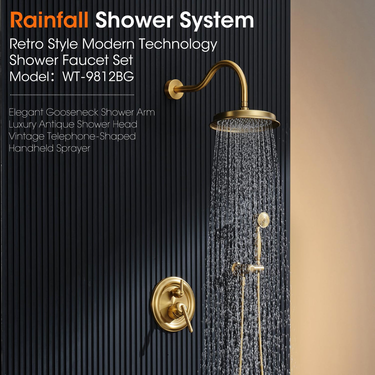 Rainfall Shower System Shower Faucet Set, Luxury, Antique, Brushed Gold