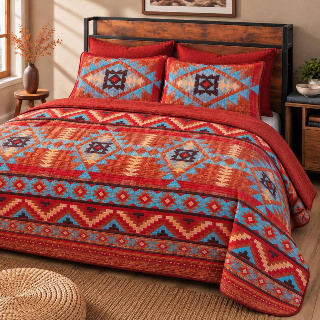 Rustic Western Southwestern Native American Indian Tribal Navajo Quilted Bedspread Set in Turquoise Red Burgundy