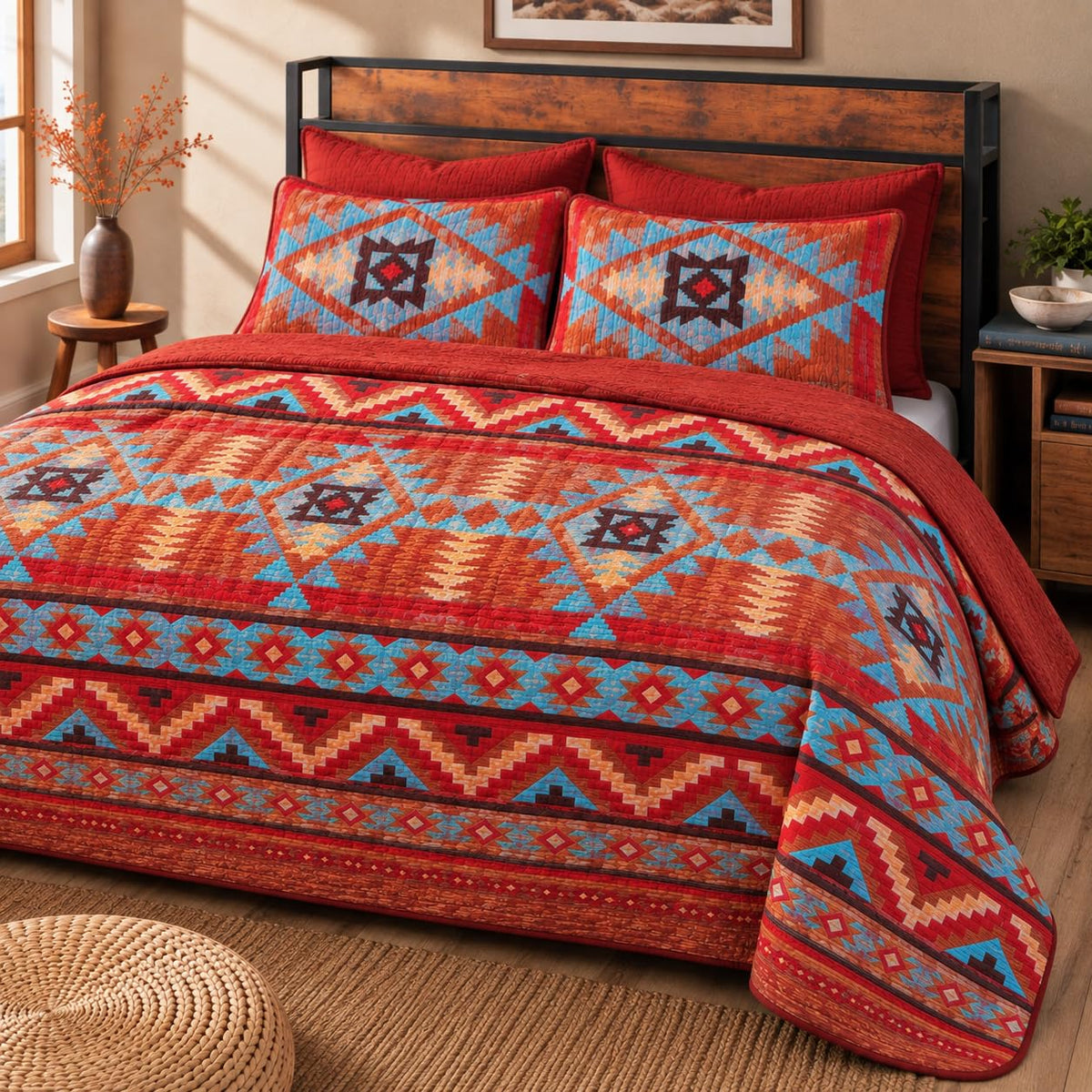 Rustic Western Southwestern Native American Indian Tribal Navajo Quilted Bedspread Set in Turquoise Red Burgundy