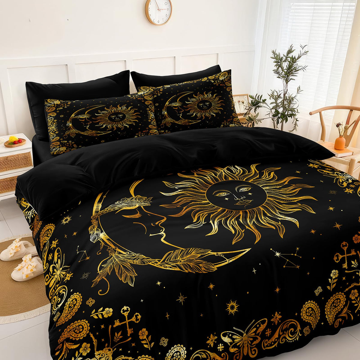 Black Gold Comforter Sets Sun and Moon Bedding Gold Stars Starry Sky Galaxy Theme Boho Chic Bedding Comforter Paisley
