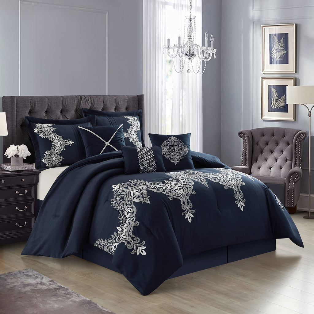 Navy Damask Patchwork Comforter Sets Bed, 7 Piece, Chain Stitching Embroidery Ultra Soft, Premium