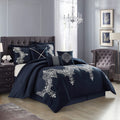 Navy Damask Patchwork Comforter Sets Bed, 7 Piece, Chain Stitching Embroidery Ultra Soft, Premium