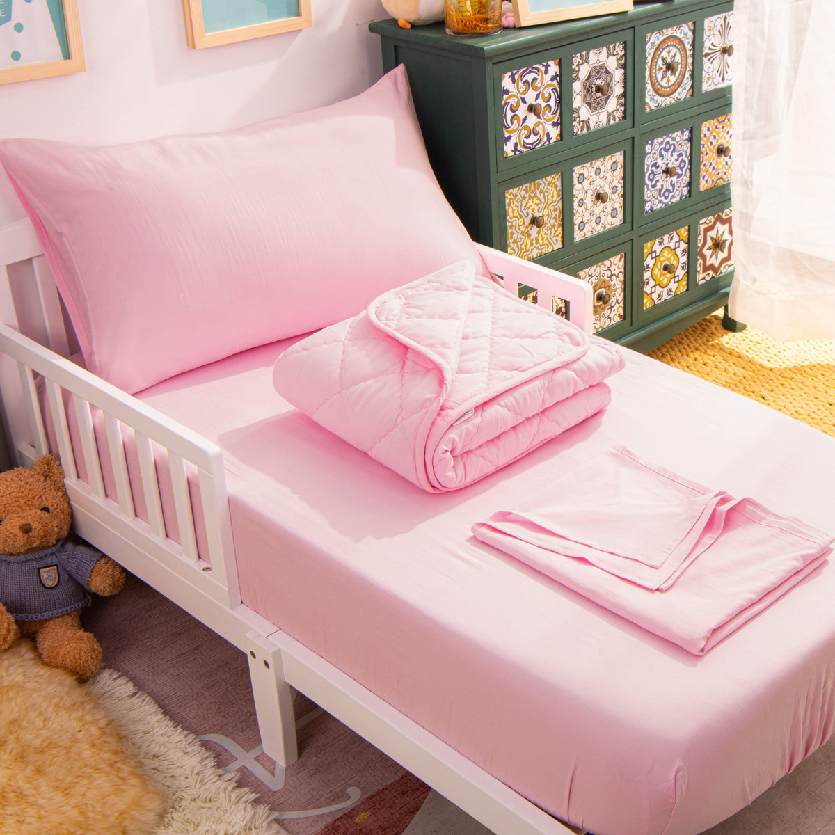 Toddler Microfiber Bedding Set, 4 Piece, Pink