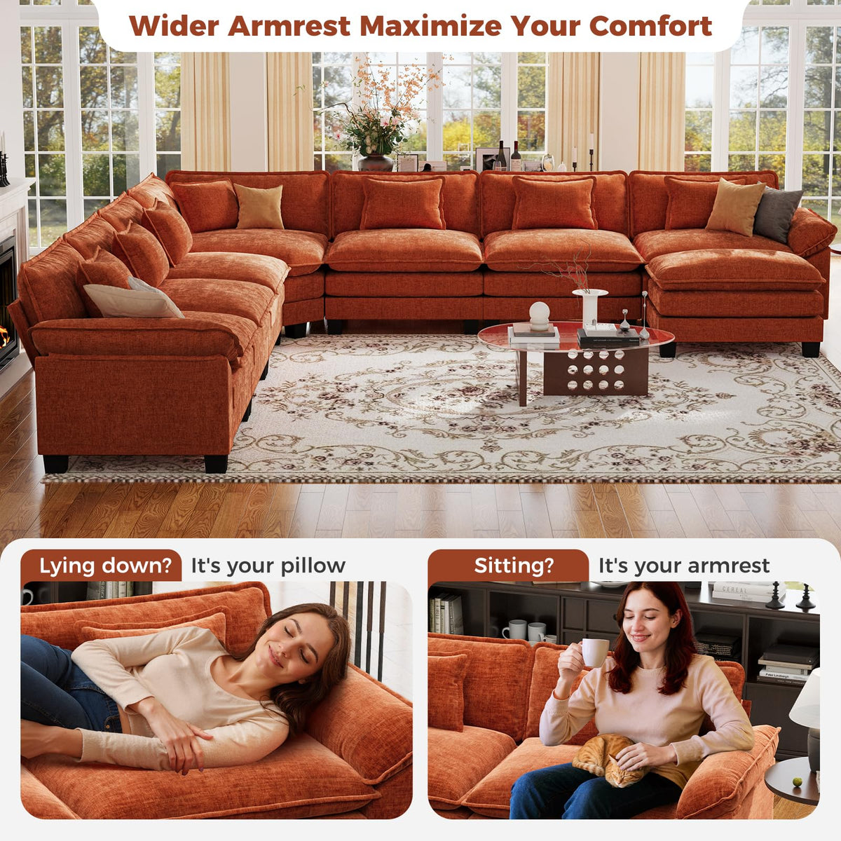 152" Oversized Modular Sectional Sofa with Corner, Comfy V-Shaped Cloud Couch w/Ottoman, 8-Seater Chenille Deep Seat