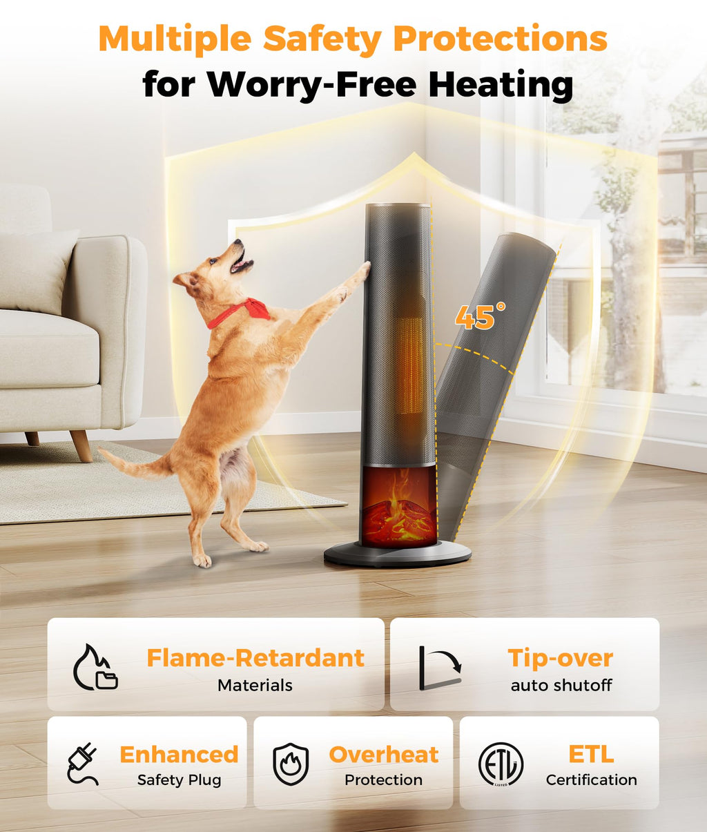 Tower Heater for Indoor Use - 25" Portable Space Heater with 3D Flame, Remote, Adjustable Thermostat, 2 Heat Modes