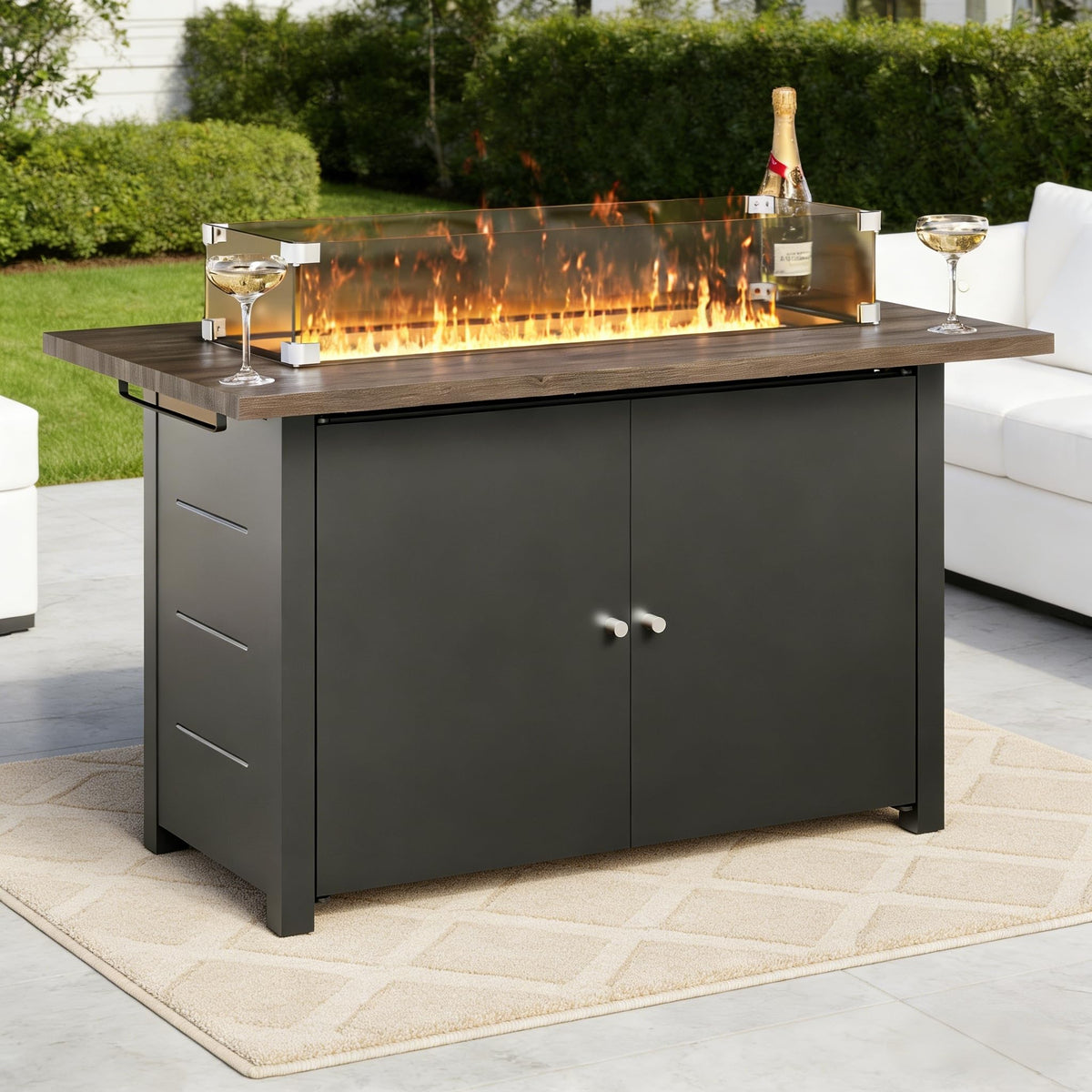 43" Propane Fire Pit Table, 55000 BTU Gas Fire Pit with 2 Tiered Storage Space, Wood Grain Tabletop, Gray Glass Wind