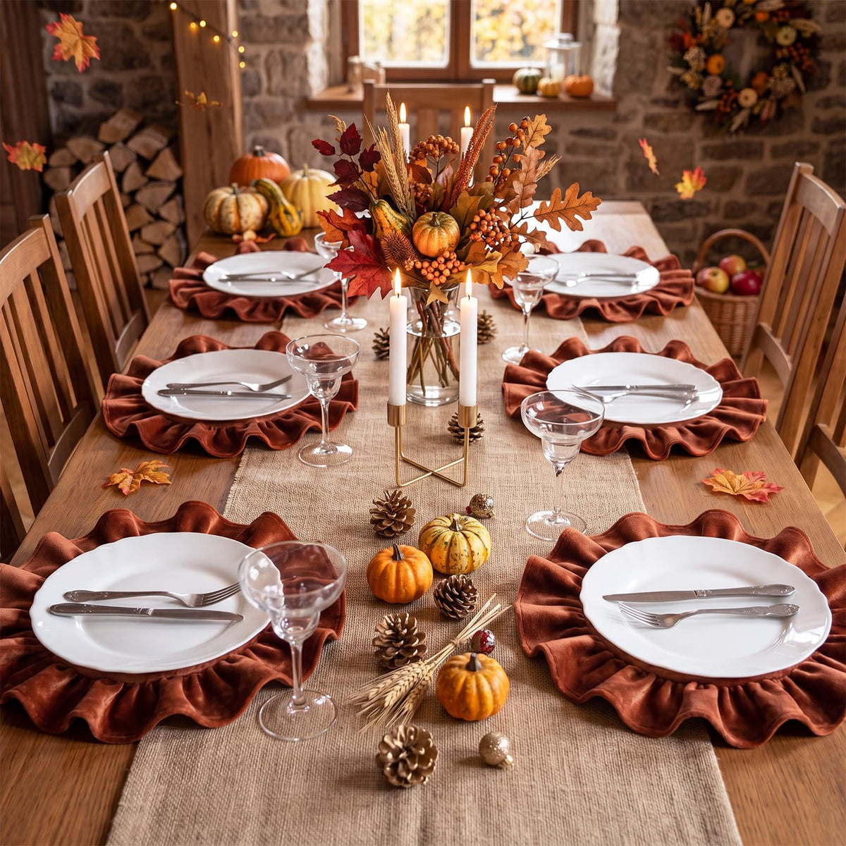 Fall Velvet Round Placemats Set of 6 Terracotta Ruffled Table Mat