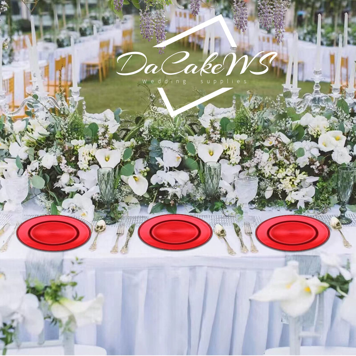 Red Bead Charger Plates 13inch, Set of 10 Plastic Round charger plates bulk wedding