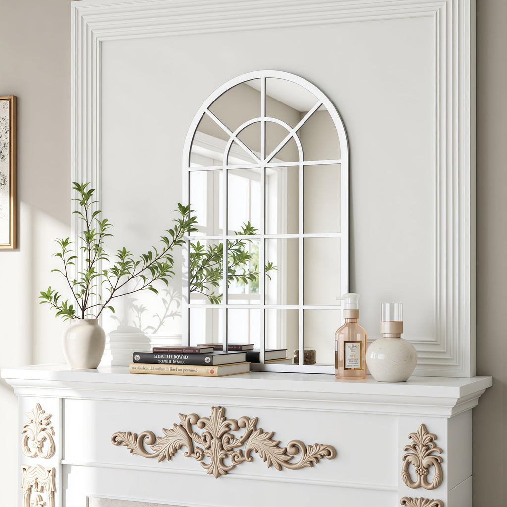 Arched Wall Mirror, 42"x30" Metal Frame Windowpane Mirror, White