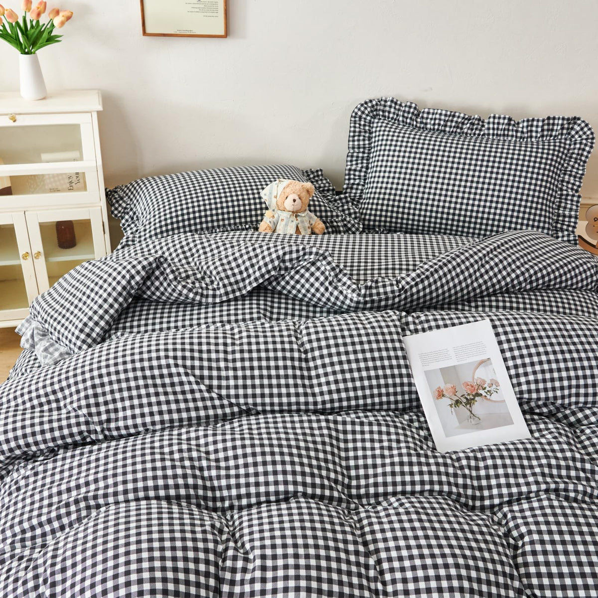 Gingham Comforter Set 5 Pieces Black Ruffled Bedding Sets