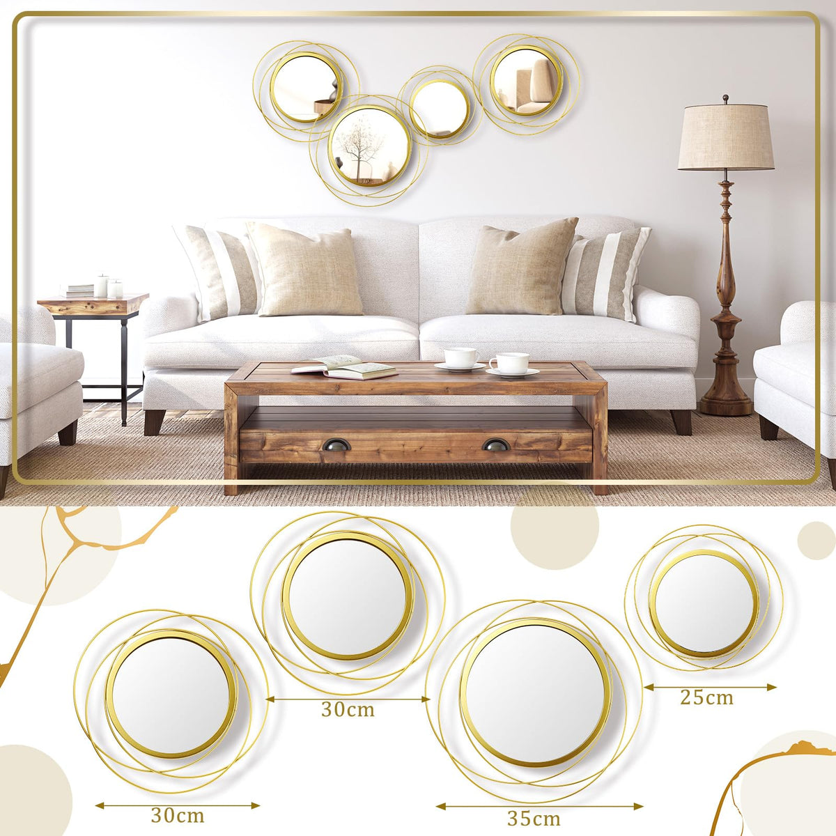 4 Pcs Decorative Wall Mirror Round Modern Circle Mounted Mirror Metal Wall Art Decor Living Room Entryway Dining Room