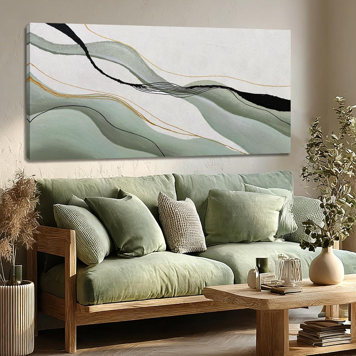 Green White Black Modern Abstract Art Print, Large Canvas Decor Bedroom Office Dining Room, 28x59 Inch